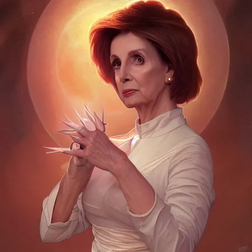 Prompt: Nancy Pelosi is a alien princess, cinematic lighting, intricate, elegant, highly detailed, digital painting, artstation, sharp focus, illustration, art by artgerm and greg rutkowski and alphonse mucha and Wayne Barlowe and william-adolphe bouguereau