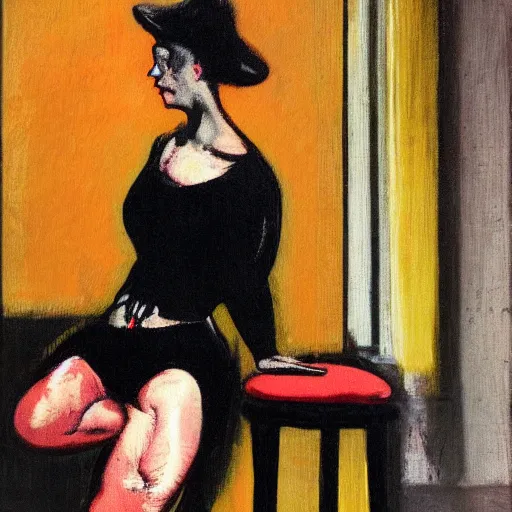 Image similar to artstation a woman seductively posing on a stool, by francis bacon, very detailed, , portrait, high contrast