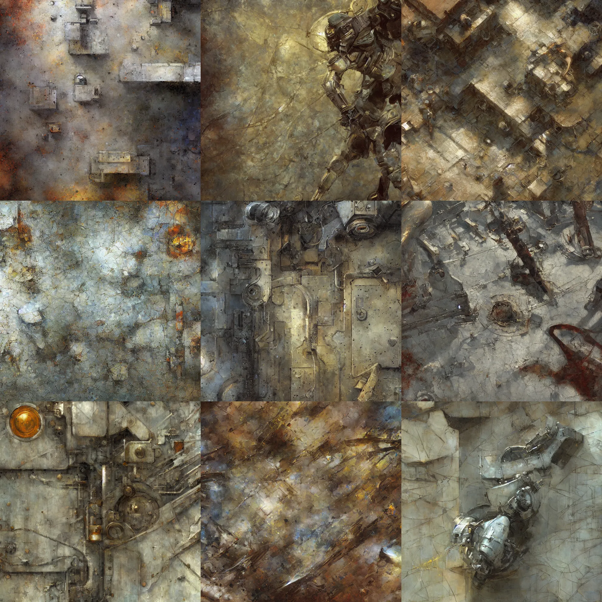 Prompt: scifi,, white paint, bright ( ( ( rusty ) ) ) metal wall seamless game texture, by dean cornwell, nc wyeth, painterly, 4 k, textures. com, high resolution, paintchips