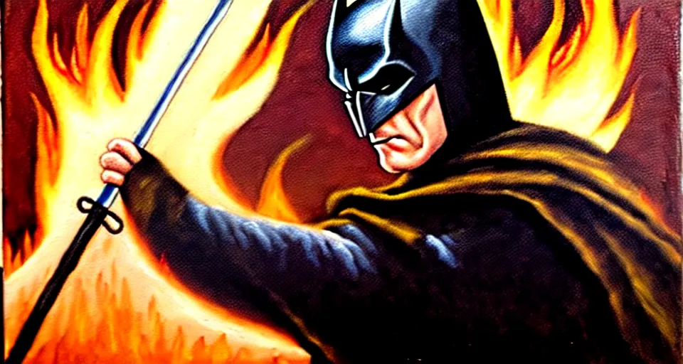 Image similar to An oil painting of a dark knight wielding a flaming sword