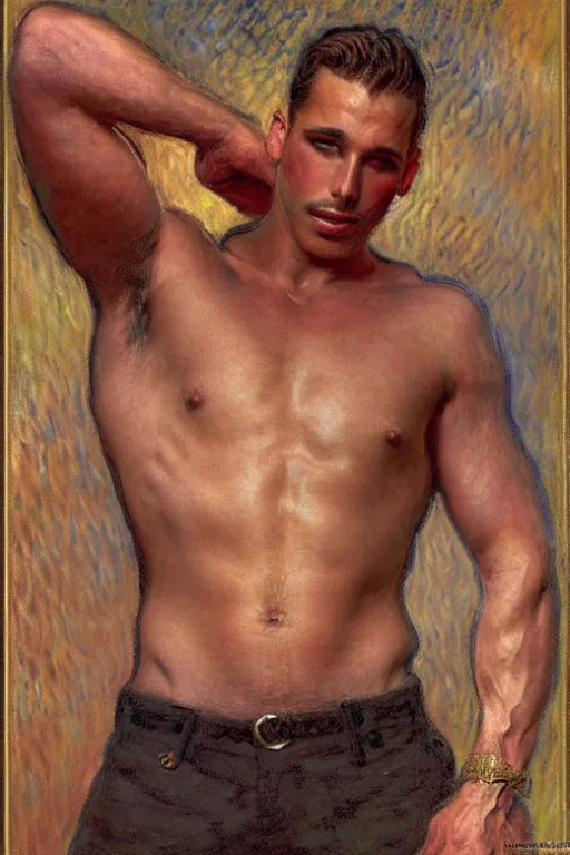 Image similar to attractive male, firefighters of new york city, painting by tom of finland, gaston bussiere, craig mullins, j. c. leyendecker, claude monet