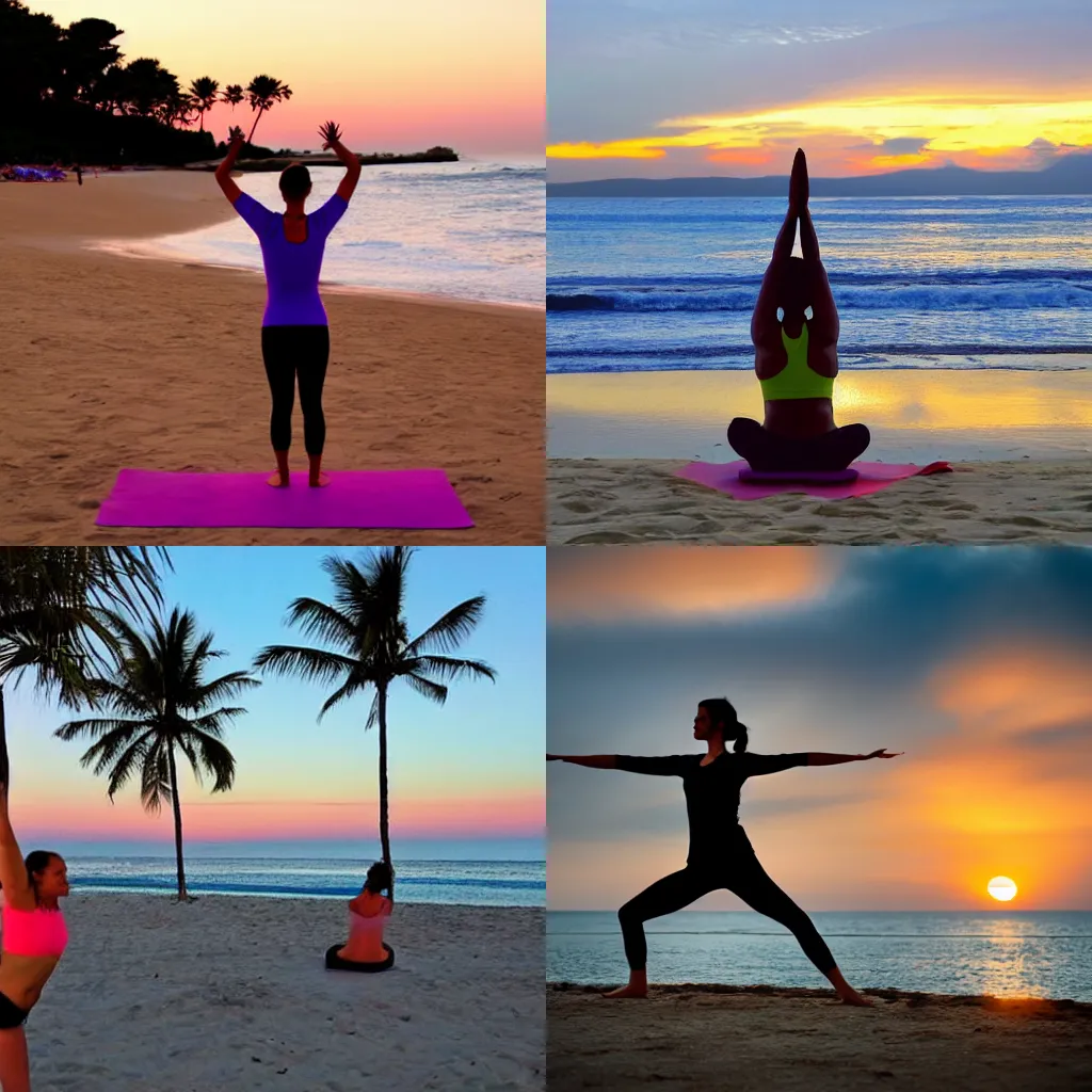 Prompt: Grogu doing yoga on the beach at sunset