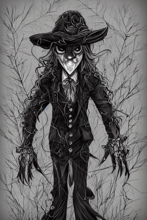 Prompt: villainous scarecrow, symmetrical, highly detailed, digital art, sharp focus, trending on art station, anime art style