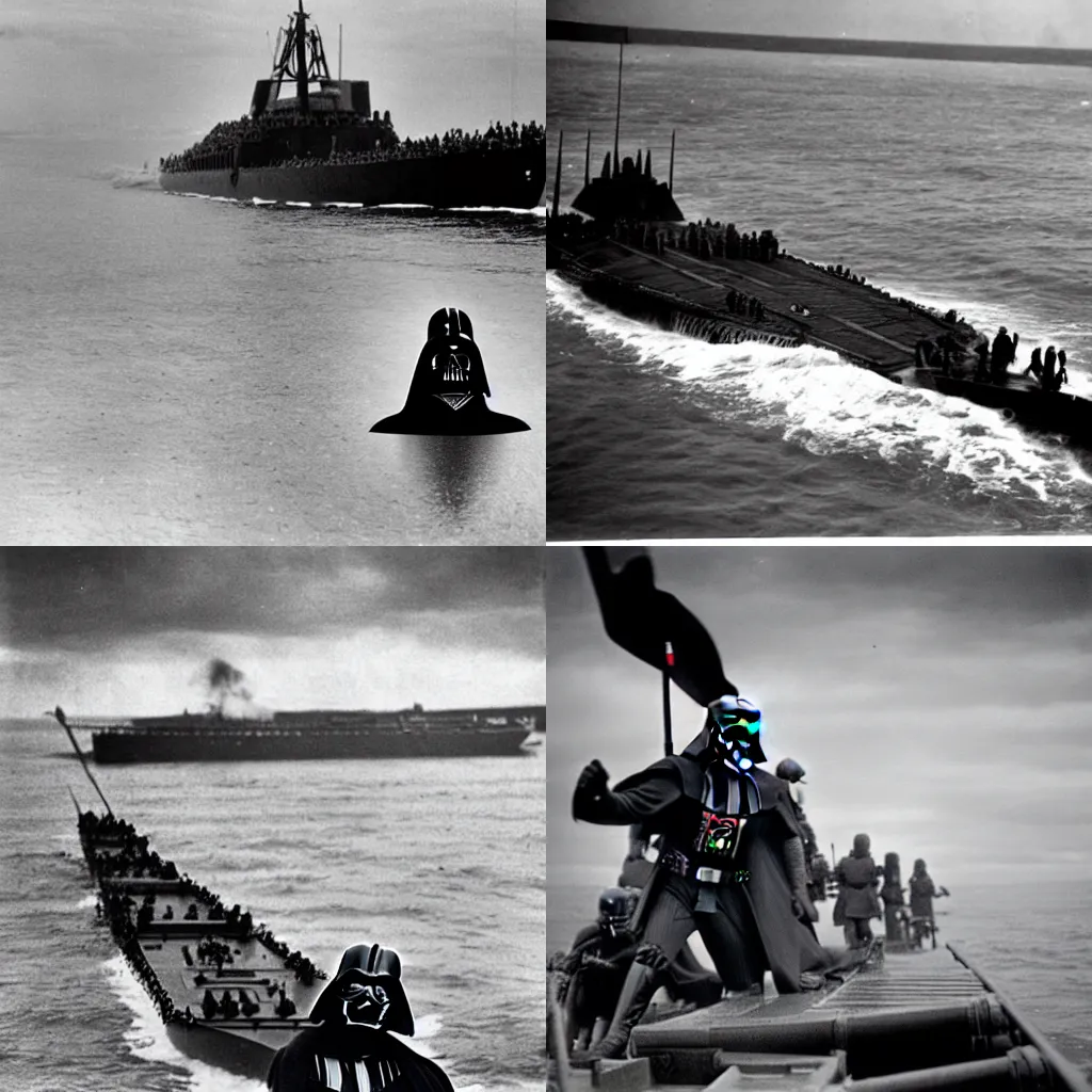 Prompt: Darth Vader on a landing craft approaching Omaha beach, 1944