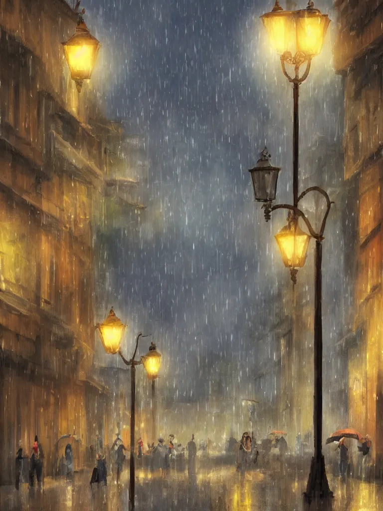 Image similar to street lamps shining though the rain by disney concept artists, blunt borders, rule of thirds