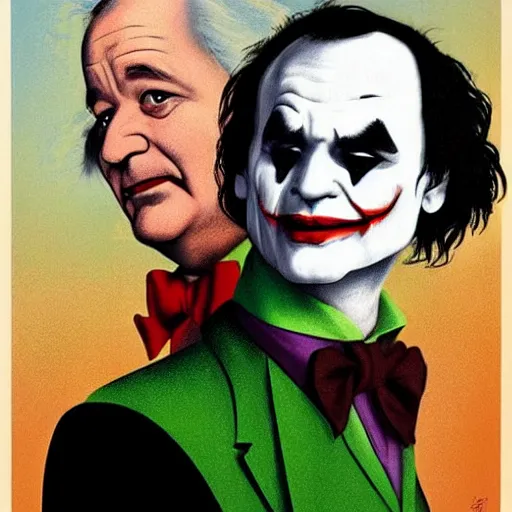 Prompt: Bill Murray as the Joker by Raphael, Hopper, and Rene Magritte. detailed, romantic, enchanting, trending on artstation.