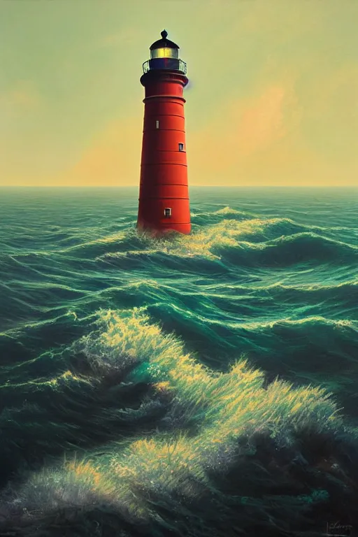 Prompt: a lighthouse in a redwood solar punk vision, overlooking an ocean, choppy waves, oil on canvas by klaus burgle, simon stalenhag, ultra - realistic 3 d depth shading