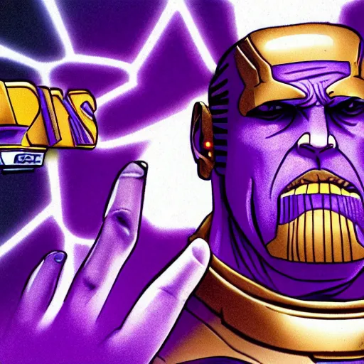 Image similar to thanos as an american rapper in 1990 fish eye lens