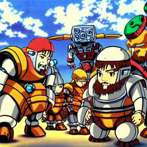 Image similar to dwarves fighting robots, anime by Hayao Miyazaki