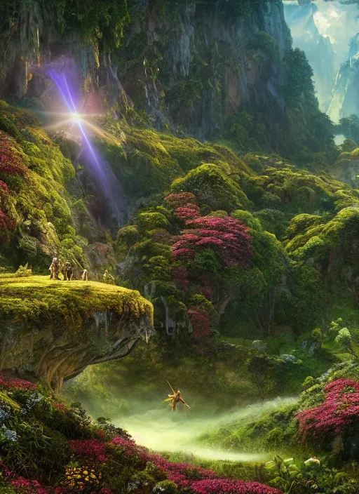 Image similar to a flying fairy in the distance of a lord of the rings scenery landscape, a vast lush valley flowers and wood structures, stream, sunrise, god's rays highly detailed, vivid color, cinematic lighting, cosmic, perfect composition, 8 k, gustave dore, derek zabrocki, greg rutkowski, belsinski, octane render