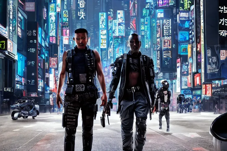 Image similar to movie diverse interracial team of Japanese sci-fi futuristic robbers armed with rifles interior clean futuristic tactical van, cyberpunk city, beautiful skin, Symmetrical faces. natural lighting by Emmanuel Lubezki