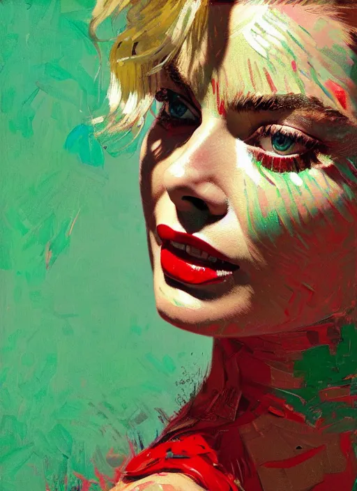 Image similar to close up portrait of ymargot robbie, sensual, ecstatic, shades green and red, beautiful face, rule of thirds, intricate outfit, spotlight, by greg rutkowski, by jeremy mann, by francoise nielly, by van gogh, digital painting