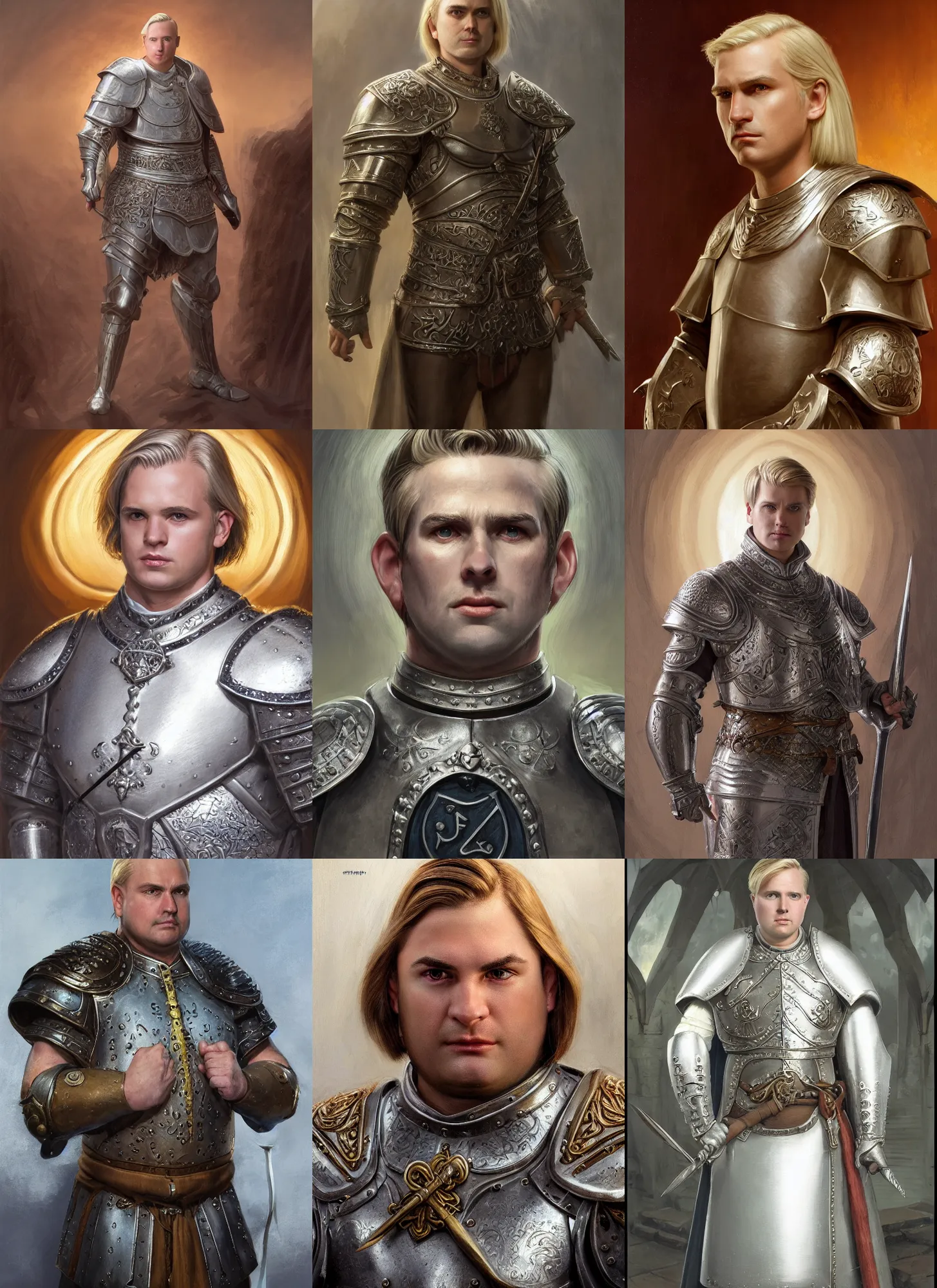Prompt: a portrait of a fantasy beardless plump cleric with no beard, short blonde hair comb over hairstyle, young adult, short in stature, silver breastplate with religious engravings, clean shaven, serious expression, style by donato giancola, wayne reynolds, jeff easley dramatic light, high detail, cinematic lighting, artstation, dungeons and dragons