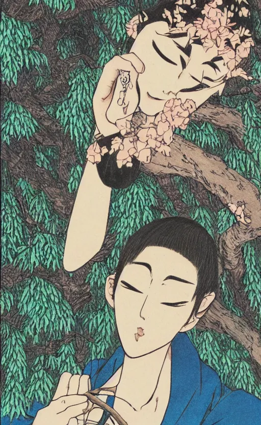 Prompt: by akio watanabe, manga art, a male writer sitting on chair with short hair, willow tree and hill, trading card front, kimono, realistic anatomy, sun in the background