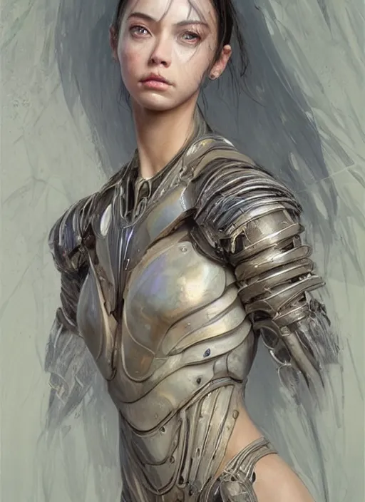 Prompt: a professional painting of a beautiful young female alien, clothed in ethereal armor, olive skin, long dark hair, beautiful bone structure, symmetrical facial features, intricate, elegant, digital painting, concept art, smooth, sharp focus, illustration, from Valerian and the City of a Thousand Planets, by Ruan Jia and Mandy Jurgens and Artgerm and William-Adolphe Bouguerea