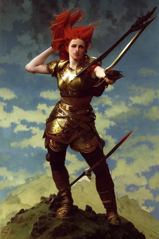 Image similar to full - body matte portrait of a legion of red haired lesbian valkyries in a heroic pose and wearing thick bronze plate armor at the top of a mountain holding a spear made of lightning, art by albert bierstadt, alphonse mucha, andreas rocha, greg rutkowski, sharp edges. ultra clear detailed. 8 k. elegant. octane render