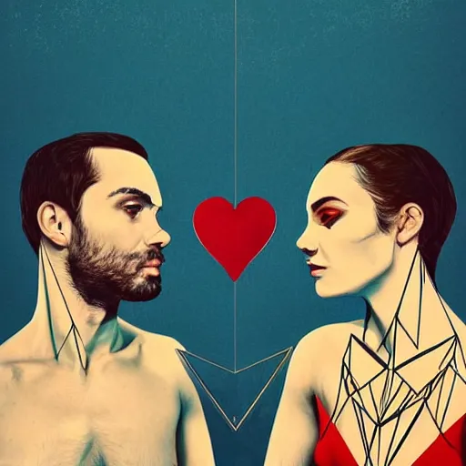 Image similar to perfectly centered geometrical symmetrical split male and female portrait of man and woman in love sharing one heart. illustration, highly detailed, simple, no jagged lines, smooth, artstation, artwork by obey, artwork by sandra chevrier