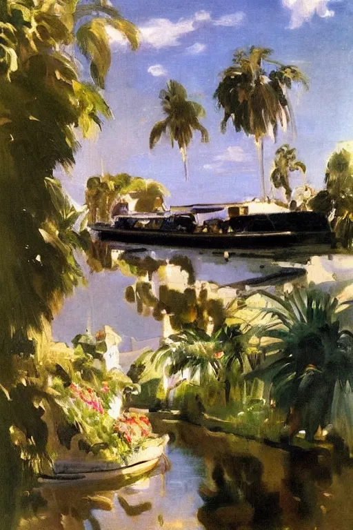 Image similar to a long river, tied bridge on local river, a lot of boat in river, 2 number house near a lot of palm trees and bougainvillea, summer, painting by john singer sargent