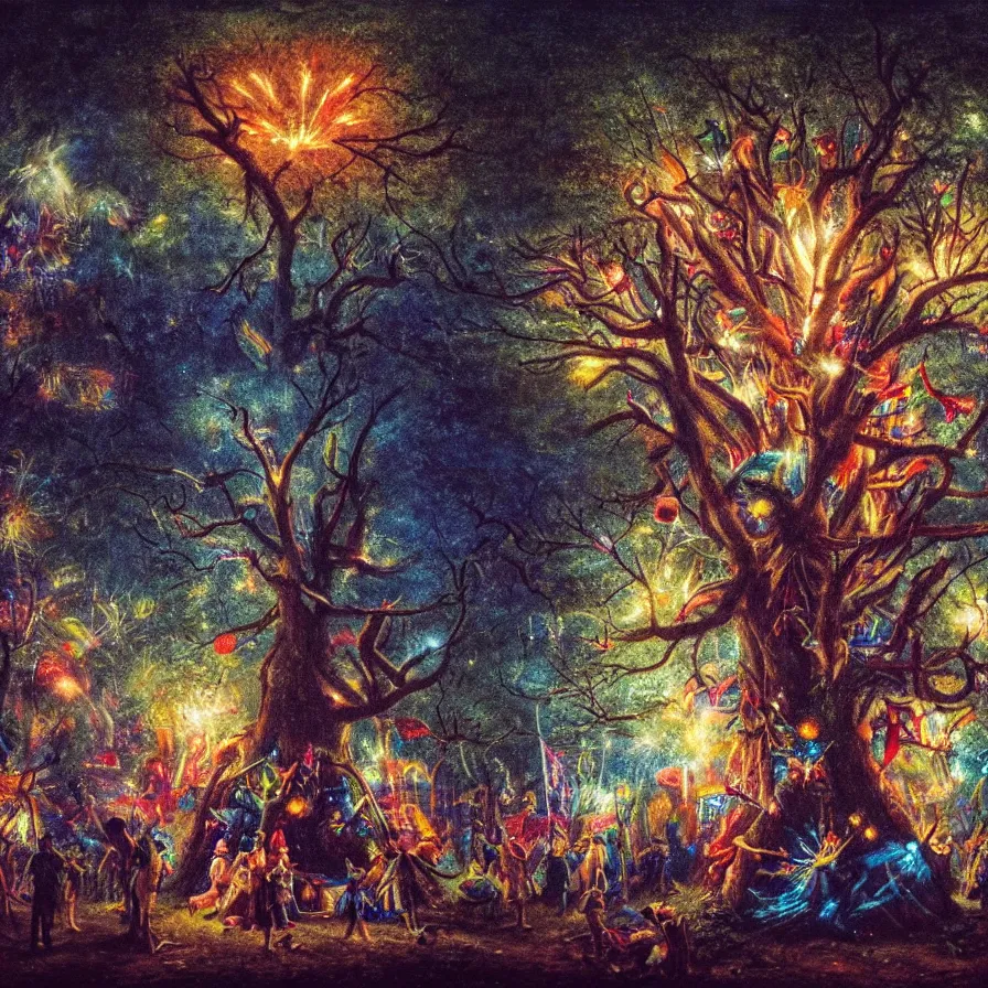 Image similar to closeup of a night carnival inside a tree cavity in a magical forest in the middle of a summer storm, with a music scenario with many fireworks and christmas lights, volumetric lightning, instense god rays in the sky, folklore people disguised with fantastic creatures in a magical forest by summer night, masterpiece painted by fernand toussaint, very coherent and colorful high contrast masterpiece,