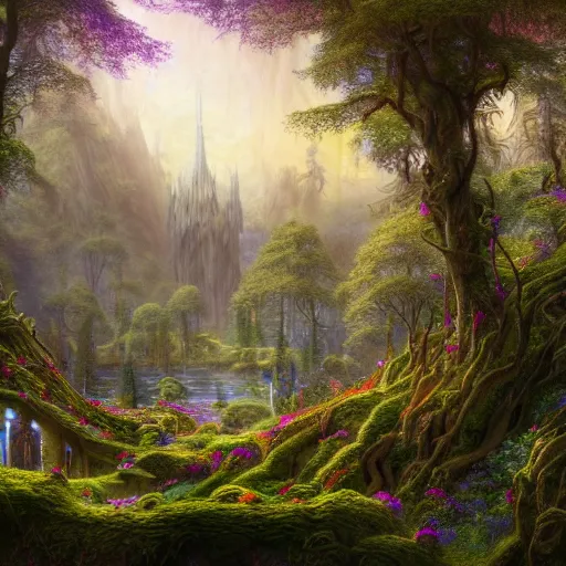 Image similar to a beautiful and highly detailed matte painting of a beautiful elven palace in a magical fantasy forest valley, psychedelic trees and plants and flowers, celtic vegetation, epic scale, insanely complex, hyperdetailed, sharp focus, hyperrealism, artstation, cgsociety, 8 k, bright colors, by caspar friedrich, albert bierstadt, james gurney, brian froud,