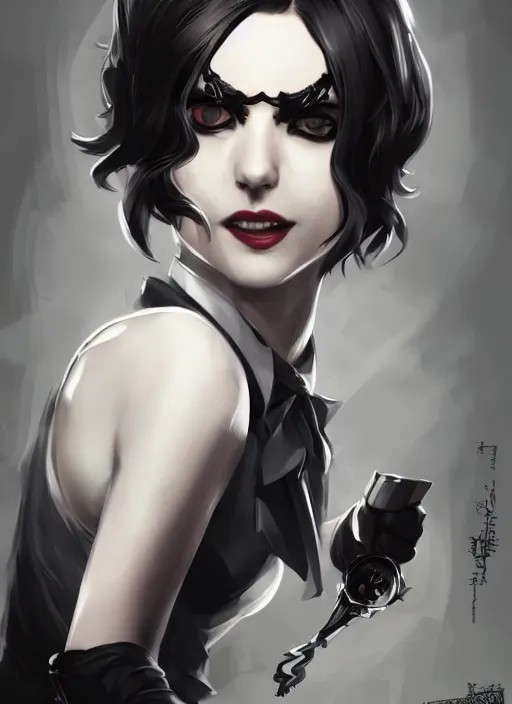 Image similar to a highly detailed illustration of beautiful short black messy haired woman wearing eyepatch!!! and noir style suit and tie, dramatic smiling pose, intricate, elegant, highly detailed, centered, digital painting, artstation, concept art, smooth, sharp focus, league of legends concept art, WLOP