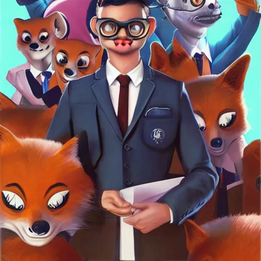 Image similar to a cute male anthropomorphic vulpes vulpes fulva teacher wearing suit working at a school, pixar style, by tristan eaton stanley artgerm and tom bagshaw.