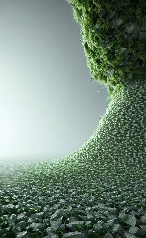 Prompt: highly detailed ultra sharp 3 d render cinematic composition of a smooth ceramic sand porcelain magnolia stone leaves fluid fractal sci - fi surreal architecture landscape, white marble, magnesium, foliage greenery, vincent callebaut composition, mamou - mani, archviz, beautiful lighting, 8 k, unreal engine, hdr, dof