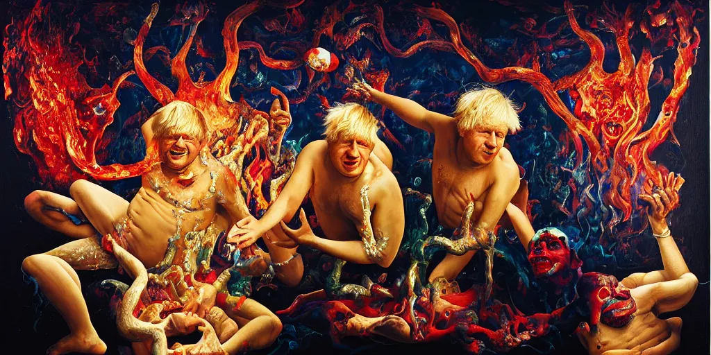 Image similar to rishi sunak and boris johnson in hell, abstract oil painting by gottfried helnwein pablo amaringo raqib shaw zeiss lens sharp focus high contrast chiaroscuro gold complex intricate bejeweled