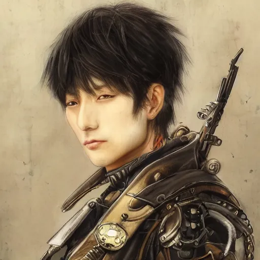 Image similar to portrait of a man by ayami kojima, japanese, he is about 2 0 years old, black short hair with bangs, he is wearing a steampunk tactical gear, highly detailed portrait, digital painting, artstation, concept art, smooth, sharp foccus ilustration, artstation hq