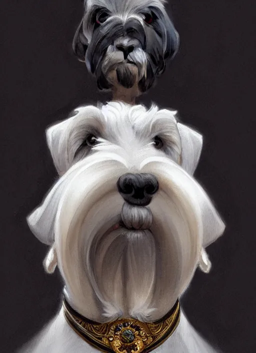 Image similar to portrait of stoic looking miniature schnauzer, black fir, white eyebrows, fantasy, intricate, elegant, highly detailed, centered, dark, smoke, digital painting, artstation, concept art, smooth, sharp focus, illustration, art by artgerm and greg rutkowski and alphonse mucha