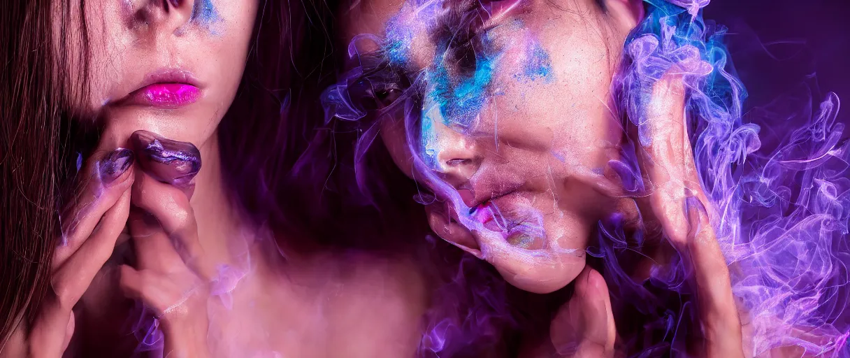 Image similar to photo of slim girl, 20yo, close-up, high detail, studio,profile pose, bust shot, high detail, studio, high detail, smoke, sharp, neon lights, smoke, sharp, Blue violet light, studio, smoke, sharp, cyberpunk, 85mm Sigma Artneon cross art lens