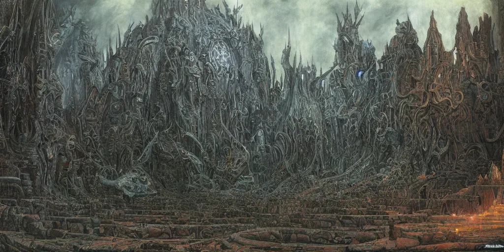 Prompt: Artwork by John Howe of the cinematic view of the Great Sanctum of Annihilation.
