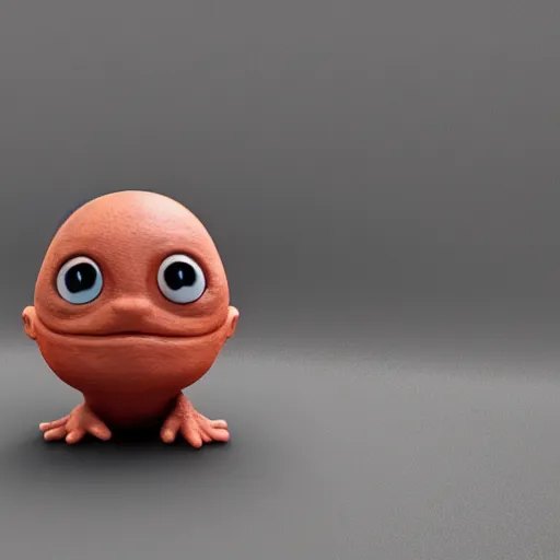 Image similar to photo of a comically tiny clay model of baby magma creature with a rocky body and large childlike eyes leans close to the camera, fish eye lens, 4 k, hyper realistic, hyper detailed face, octane render, comedic, cute