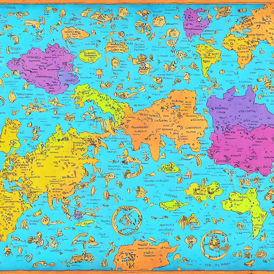 Prompt: imaginary map of different color realms, map of fantacy world, different realms, blueprint, infographic, vintage theme, on paper, with notes, highly detailed, hyper realistic