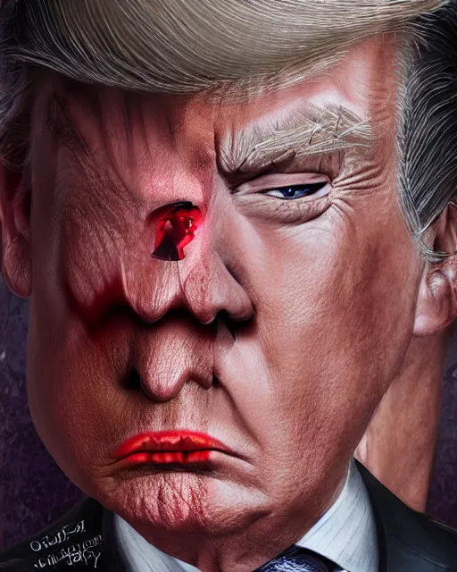Prompt: donald trump as dracula, character portrait, close up, concept art, intricate details, highly professionally detailed, cgsociety, hyperrealist, in the style of otto dix and h. r giger