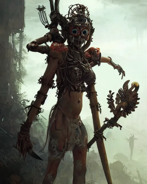 Prompt: hyper realistic photo of postapocalyptic indonesian death cult monk cyborg girl with indonesian demon mask, sword and shield, robot familiar, full body, cinematic, artstation, cgsociety, greg rutkowski, james gurney, mignola, craig mullins, brom