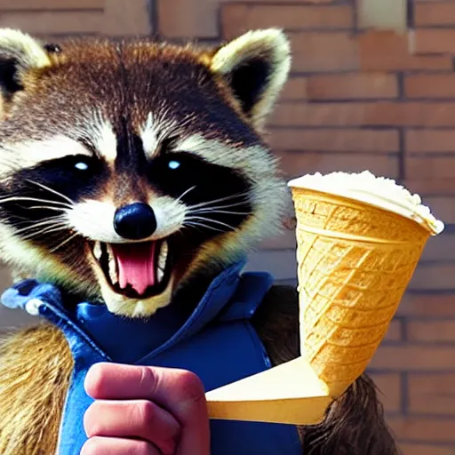 Prompt: rocket raccoon eating an ice cream cone