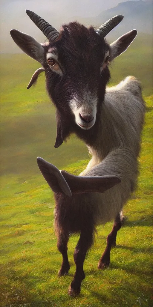 Prompt: a surreal dynamic painting of a majestic goat walking majestically and eating grass in alpine mountais, photorealistic, cinematic, dramatic, vivid, dark and beautiful, higly, civilized, cinematic lighting