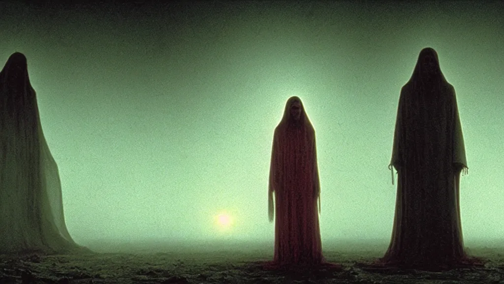 Image similar to stigmata forever, film still from the movie directed by Denis Villeneuve with art direction by Zdzisław Beksiński, wide lens