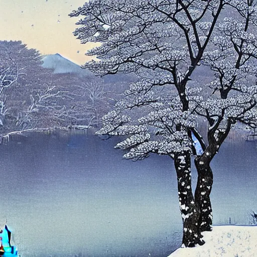 Prompt: the snowy West Lake by Kawase Hasui 4k
