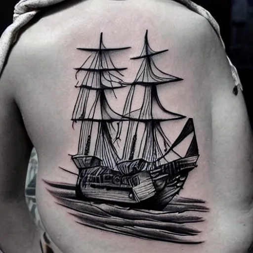 Image similar to a pirate ship sailing in the sea, realism tattoo design, amazing shades, clean white paper background, by Matteo Pasqualin tattoo artist