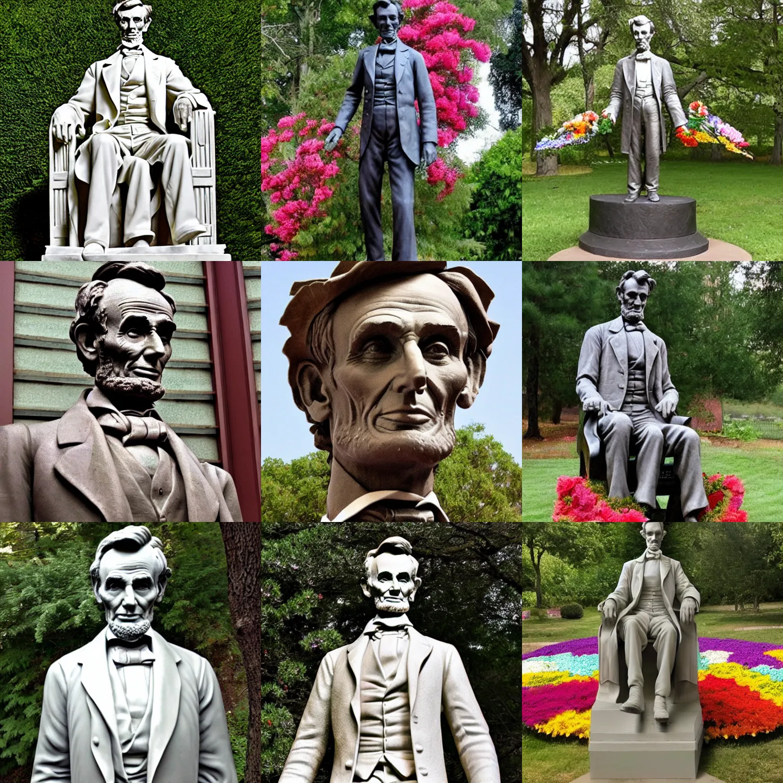 Prompt: sculpture of abraham lincoln made from flowers