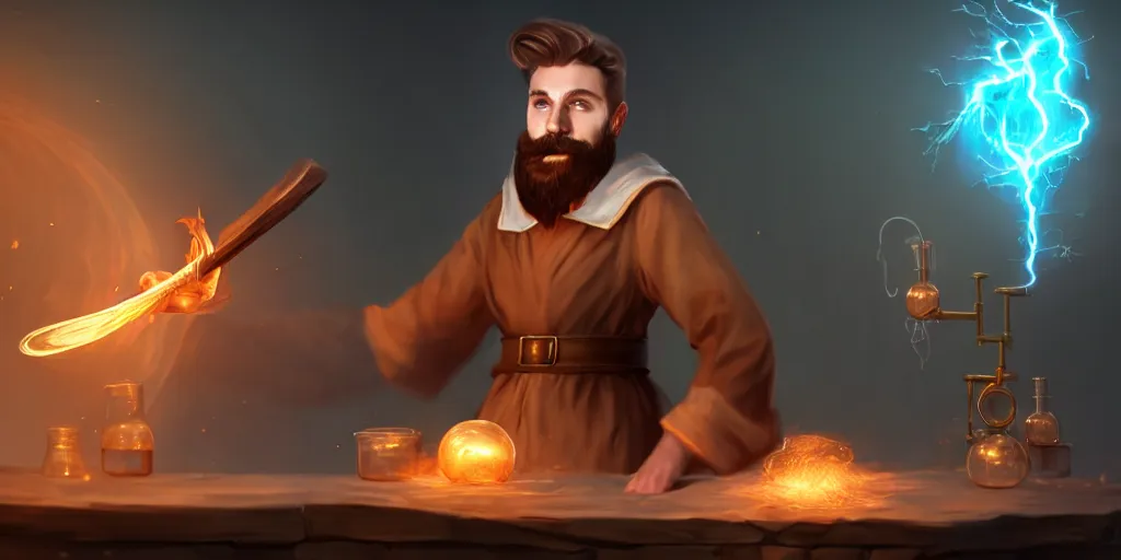 Image similar to a handsome bearded caucasian male sorcerer with brown hair he is casting a spell with flowing energy, he is in a alchemist lab filled with beakers and equipment, neutral pose, epic composition, 4 k, trending on artstation, in the styles of bo chen