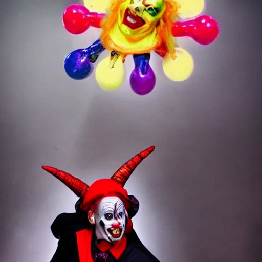 Image similar to demonic hell clown juggling with an angel clown.