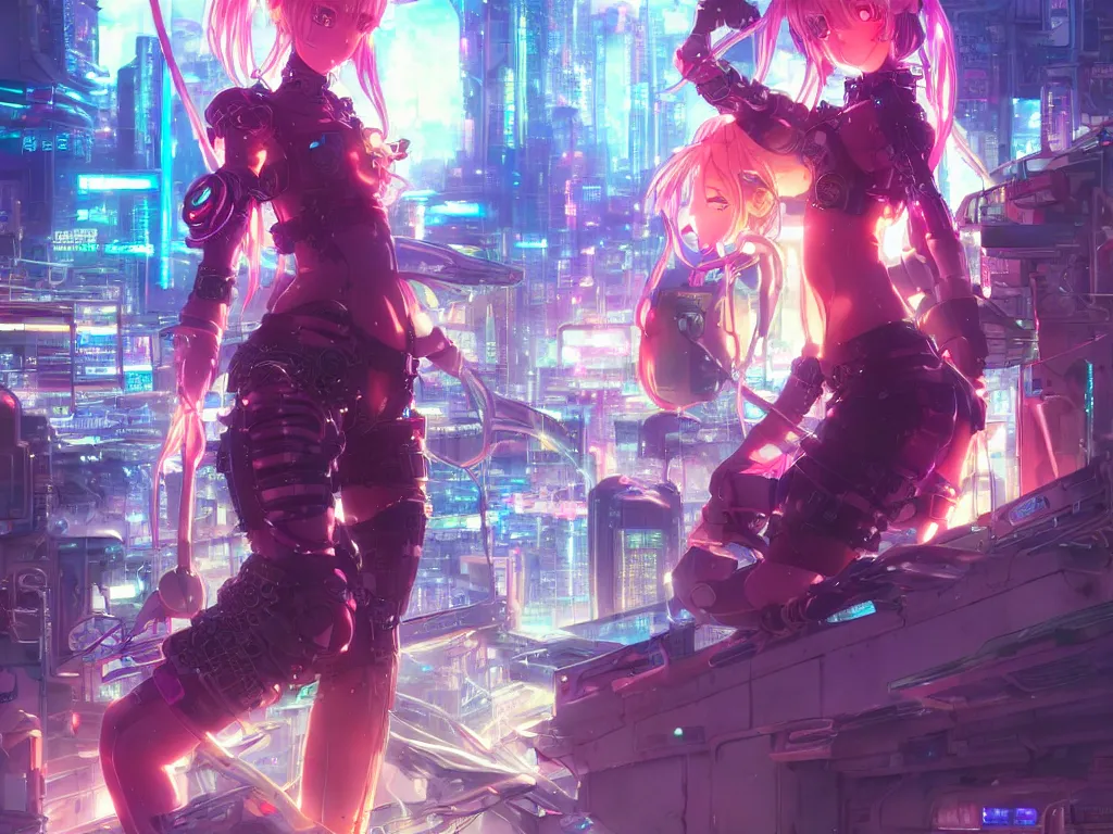 Image similar to anime key visual of futuristic cyber warrior girl, on cyberpunk tokyo rooftop, ssci - fi and fantasy, intricate and very beautiful, neon light, digital painting, artstation, concept art, smooth, illustration, art by rongzhen luo, rossdraws and huaixuan xiang and alphonse mucha and wlop