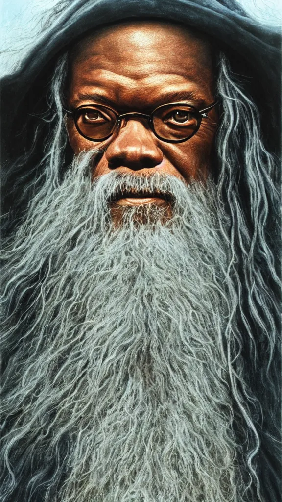 Prompt: portrait of samuel jackson as gandalf, by alan lee, lord of the rings calendar, smooth, detailed terrain, oil painting, matte painting, concept art, trending on artstation