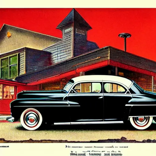 Prompt: in the style of norman rockwell, 1 9 4 8 desoto car, black, driving through a 1 9 5 0 s town