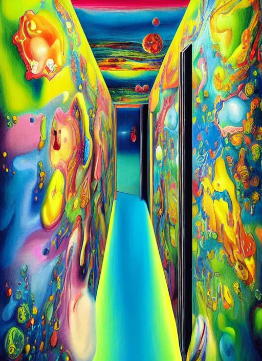 Image similar to an extremely high quality hd surrealism painting of a 3d slow-shutter galactic neon complimentary colored cartoon surrealism melting optical illusion hallway by kandsky and salviadoor dali the seventh, salvador dali's much much much much more talented painter cousin, 4k, ultra realistic, super realistic, so realistic that it changes your life