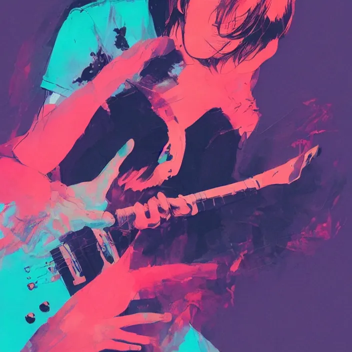 Image similar to a young korean man wearing black t shirt plays electric guitar on stage, dramatic lighting, glowy, matte colors, fascinating music, by conrad roset, dramatic brush painting, trending on artstation