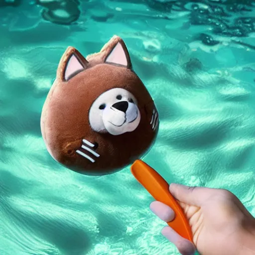 Image similar to furry cute animal toy holding a knife under water